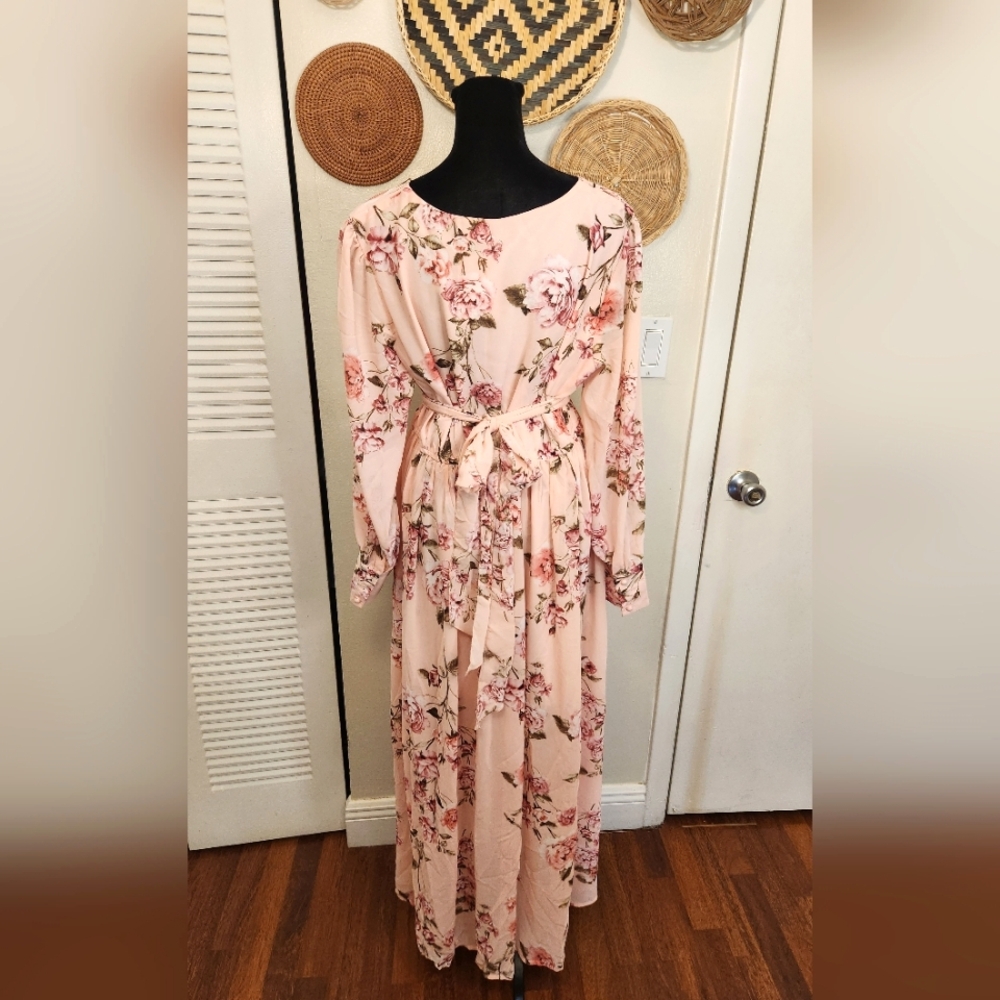 LAST ONE! Pink Floral V Neck Maxi Dress With Long Sleeves - Picture 10 of 10